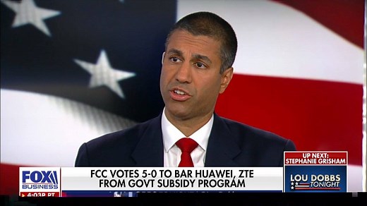 10K views · 303 reactions | In a unanimous 5-0 decision, the Federal Communications Commission voted Friday to block United States telecoms from using federal funds to buy Huawei or ZTE equipment. FCC Chairman Ajit Pai joined "Lou Dobbs Tonight" Friday to explain the decision and what it means for U.S. national security. https://fxn.ws/2D9wS3y | Fox Business | Facebook