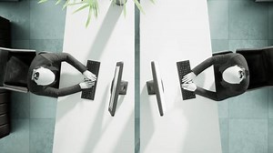 3d animation of humanoid robots working in modern office, future concept