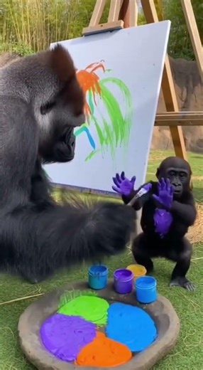 Baby gorilla shows fun drawings with family 🦍🎨