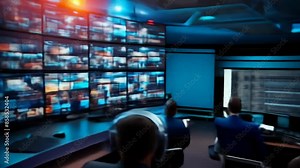 Advanced Media Broadcast Control Room with Multiple Screens Displaying Surveillance, Live Broadcasting, and Telecommunication Content in a High-Tech Environment