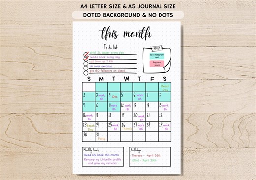 Monthly Planner - Monthly Calendar - Planner Page - Month at A Glance - PRINTABLE Journal Page - Monthly Journal Page - Monthly to Do List - Etsy