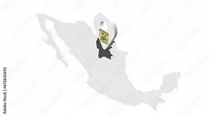 Location Coahuila on map Mexico. 3d State of Coahuila flag map marker location pin. Map of Mexico showing different parts. Animated map States of Mexico. 4K. Video