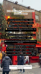 Irish Christmas Markets 2025 Save the Dates 🎡 Galway Christmas Market: 7 Nov – 31 Dec 🎁 Belfast Christmas Market: 15 Nov – 22 Dec ❄️ Winterval, Waterford: 21 Nov – 23 Dec 🎅 Corkmas Christmas Market, Cork City: 21 Nov – 22 Dec 🌟 TwinkleTown Smithfield, Dublin28 Nov – 4 Jan 🎠 Yulefest Kilkenny: 29 Nov – 23 Dec 🏰 Swords Castle Christmas Market Dublin 28–30 Nov & 6–7 Dec 🛍️ Christmas at the Milk Market, Limerick: 5–24 Dec 🎄 Wicklow Wrapped Wicklow Gaol 12–14 Dec 🎁 Buncrana Christmas Market,