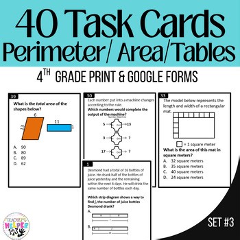 4th Grade Area and Perimeter Task Cards | Strip Diagrams Tables Math Review