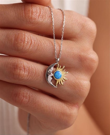 Sterling Silver Moon Sun Necklace | Blue Opal Pendant | Celestial Gift for Her - Etsy