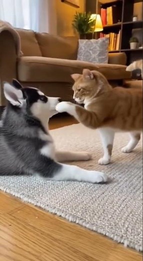 Husky Barking Silenced by Cat's Playful Paw: A Hilarious Moment