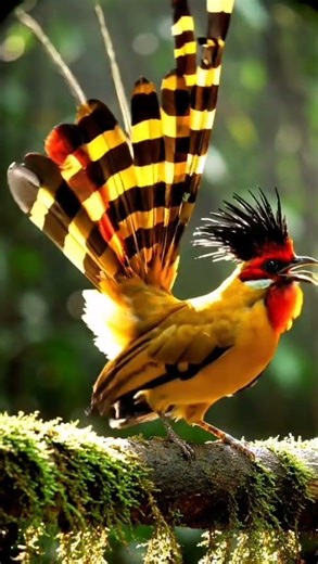Yellow Bird with Red-Black Crest and Striped Long Tail Shows Unreal Colors