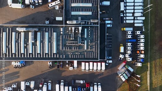 Distribution Hub With Busy Docks, Cargo Terminal Showing Loading Bays And Trailers, Aerial Snapshot Capturing Busy Logistics Yard With Parked Vehicles And Functional Loading Docks