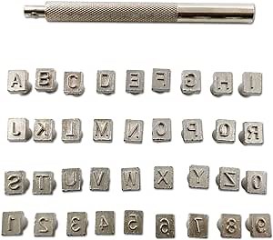 TIHOOD Capital Letters and Numbers Stamp Set, 1/4”/6mm Alphabet Stamp Tools Set Leather Craft Stamping Tools Leather Art Craft Tool (6.5mm - 36pcs)
