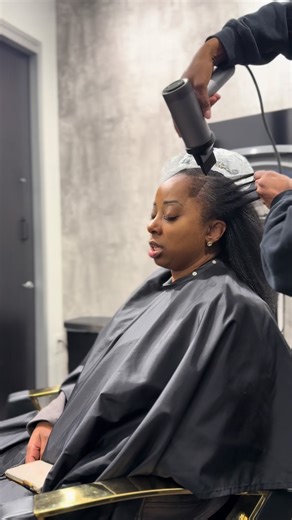 Blow dry stretching method. I use the stretching technique on almost all my clients. This dry the hair faster in a straight position making it easier to use the comb attachment and using the hand brushing with concentrator attachment. Let snags and less heat. #ncstylist #fyp #naturalhair #charlottehairstylist #silkpress