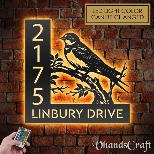 Personalized Swallow Bird LED Address Sign - Custom Metal House Number Plaque - Etsy Canada