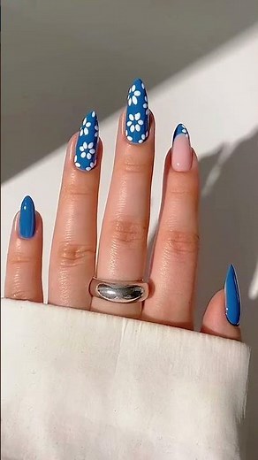 💅 Blue & White Floral French Stiletto Nails | Elegant Nail Art Tutorial 🌸✨