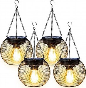 Solar Lanterns Outdoor Waterproof 4 Pack, Upgraded Metal Solar Hanging Lights with Hooks & Auto On/Off, Brighter Warm Outdoor Hanging Lantern Lighting for Porch Garden Yard Pathway Decor