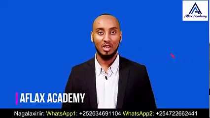 Barashada English, Xisaab iyo IT ga iyo Nagalaxiriir WhatsApp 1: 252634691104 WhatsApp 2: 254722662441 Waxaa lasameeyay Qiimo dhimis 60% ayaa free lagadhigay dhamaan koorsooyinka kabaxa Aflax Academy Warbixinta oodhan booqo Bogan https://aflaxacademy.com/register Maadooyinka lagubarto Aflax Academy waxaa kamida English, Mathematics (dugsi hoose dhexe ilaa sare), All Computer Basics, Video Editing, Graphic Design, Programming Languages, Web Design, Database Systems iyo maadooyinkale. Dhamaantood 