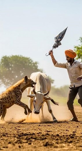 Man tries to save his cow — but his umbrella betrays him #animalbattle #wildencounter #funnymoment