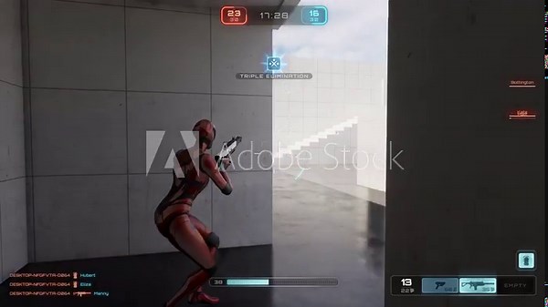 CGI footage of gameplay in third person shooter multiplayer video game, of red female android running around arena, collecting weapons and ammo, killing players and NPCs then dying and failing