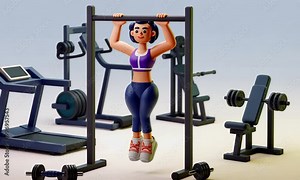 Animated Character Engaged in a Fitness Routine at the Gym Featuring Various Exercise Equipment and a Pull-Up Bar
