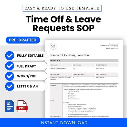 Time Off & Leave Requests SOP Template (Word, PDF) | Simple Standard Operating Procedure Template | Human Resources Business Document - Etsy Sverige