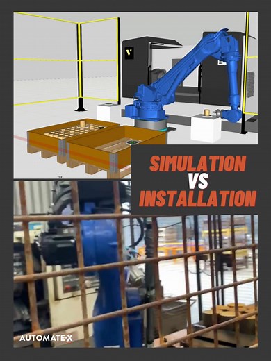 Simulation vs Real Installation 💻 A simulation offers proof of concept and designs in order to prevent introducing defects into systems. Simulations are useful for project planning and decision making and allows us to model different scenarios and reduce the likelihood of potential issues. This simulation is from one of our previous projects for a robot designed to perform lathe tending for machining steel stubs. As you can see our installation is almost entirely the same as the simulation we c