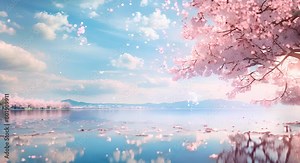 Spring background with sakura. Wide angle. Sparkling water river. Cherry blossoms tree with butterflies. Cherry blossoms rain. 4k infinite loop animation footage. Japanese anime painting style. Wide A