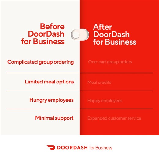 With DoorDash for Business, you can: ☑️ Feed your team ☑️ Offer flexible meal options ☑️ Centralize billing and invoices | DoorDash