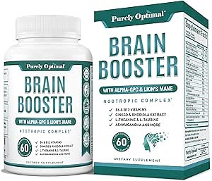 Purely Optimal Brain Booster Nootropic Supplement – Brain Support for Memory, Focus, Clarity, Jitter-Free Energy for Adults, Seniors– with Ginkgo Biloba, Alpha GPC, Lion’s Mane – 60 Capsules