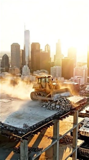 A big dozer working on the top of a tall building.