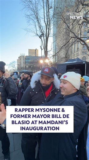 Spotted at Zohran Mamdani's inauguration: Rapper Mysonne and former Mayor Bill de Blasio. The ceremony in front of City Hall is not open to the public, but those with tickets are in the crowd awaiting to hear from the city's new mayor. | Spectrum News NY1