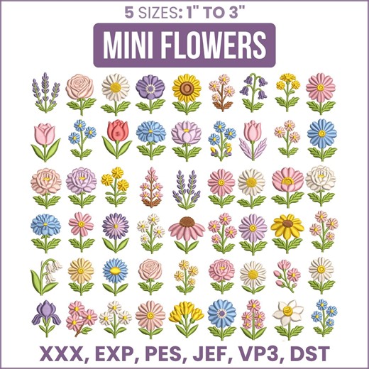 Floral Machine Embroidery Design Bundle, Mini Flower Designs, Satin Stitch File, Birth Month Flower, 5 Sizes, Instant Download - Etsy