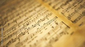 Vintage Music Partition Score Background/ 4k motion graphics of a vintage close up of old music partition notes on paper background with light wiggling and noise texture