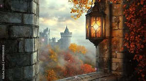 Lantern on a window of a castle with a fantasy autumn landscape, creating a magical and cozy ambiance with warm light Seamless looping 4k time-lapse virtual video animation Generated AI