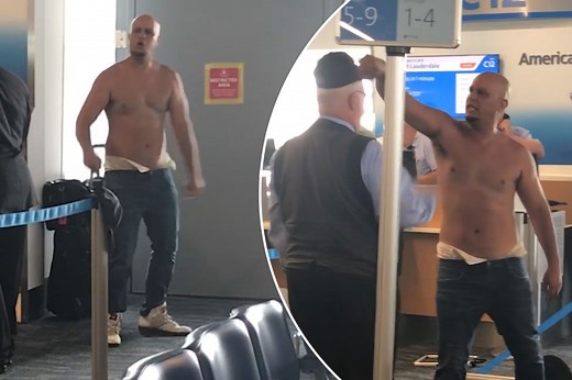 Irate man rips off his shirt in airport rampage
