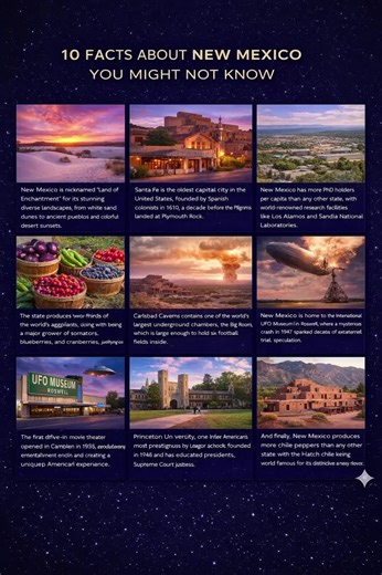 🌵 10 Facts About New Mexico You Might Not Know 🌵 New Mexico is a state where ancient history, cutting-edge science, and otherworldly landscapes collide. From the oldest capital city in the U.S. and thousand-year-old pueblos to underground caverns, UFO lore, and the birthplace of the atomic age, the Land of Enchantment is full of surprises. This video explores the culture, mysteries, and natural wonders that make New Mexico unlike anywhere else. Relax and enjoy these fascinating facts about one