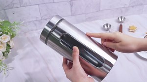 Suclain Stainless Steel Coffee Grounds Canisters with Shelf 3 x 50oz Sugar Coffee Bean Storage Container with Airtight Threaded Lid, Glass Window, Scoop Kitchen Storage Jar Set for Bar Creamer Nut Tea