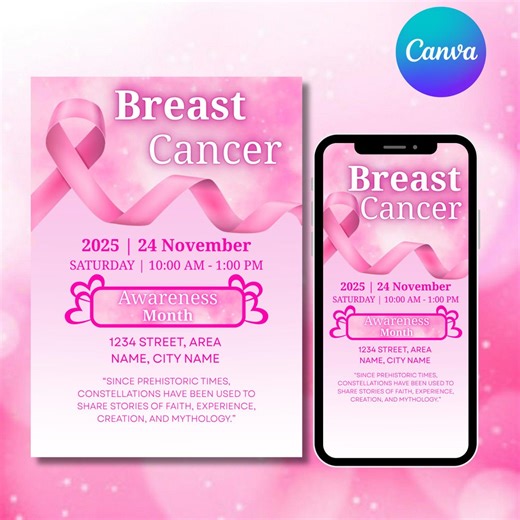 Editable Breast Cancer Awareness Template, Pinktober Invitation, Pink Invitations, Breast Cancer, (digital Download) DIY Canva - Etsy