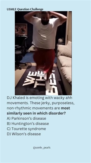 USMLE High-Yield Questions on Instagram: "“basal ganglia doing side quests” ⸻ 📚 EXPLANATION (WITH ANSWER) The stem describes jerky, purposeless, non-rhythmic movements — this is chorea. On USMLE, the disorder most classically associated with chorea is Huntington’s disease, due to degeneration of the basal ganglia (caudate + putamen). 👉 Correct answer: B) Huntington’s disease ⸻ ❌ WHY THE OTHERS ARE WRONG A) Parkinson’s disease ❌ Hypokinetic disorder → bradykinesia, rigidity, resting tremor, not