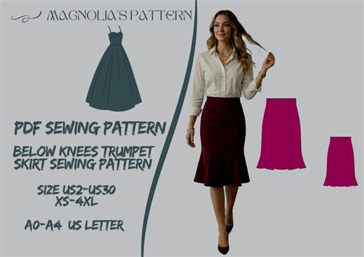 Below Knees Trumpet Skirt Sewing Pattern (US 2-30) (PDF Pattern) A0-a4-usletter - Etsy