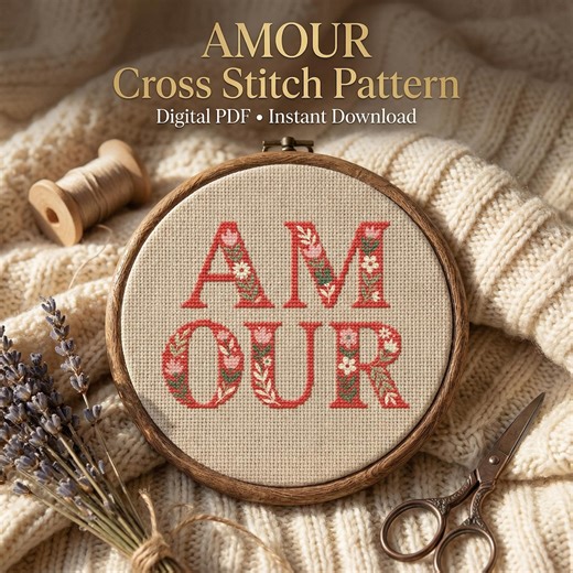 Amour Cross Stitch Pattern PDF, Romantic Floral Typography, Valentine Wedding Embroidery Design, Digital Download - Etsy Australia