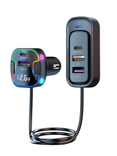 120W 5-Port Car Charger With Voltage Display, 3 USB-C & 2 Type-C Outputs, Super Fast Charging, Ambient Lighting, 1.5M Extension Cable, Shock-Proof, Multi-Charging Protection, Compatible With Android Phones & More, Essential Travel Accessory | SHEIN