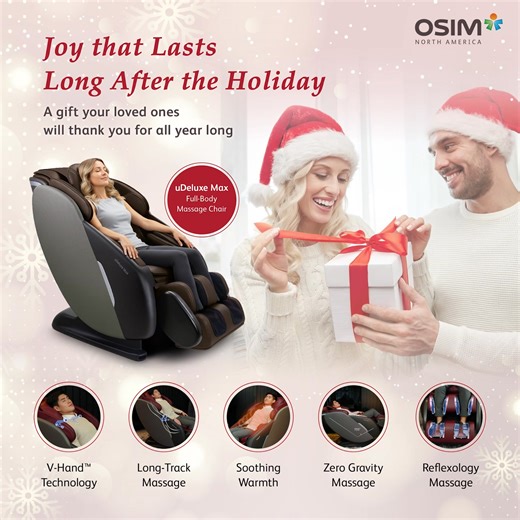 The OSIM uDeluxe Max Full Body Massage Chair is the joy that lasts long after the holiday ✨! This season, give a gift your loved ones will thank you for all year long — the OSIM uDeluxe Max Full-Body Massage Chair. ❤️ Designed to melt away tension and bring daily comfort, the uDeluxe Max delivers: 💆‍♂️ Patented V-Hand™ Technology for lifelike massage precision 🌀 Long-Track Massage from neck to lower back 🌡️ Soothing Warmth for cozy relaxation ☁️ Zero Gravity Positioning to ease pressure on th