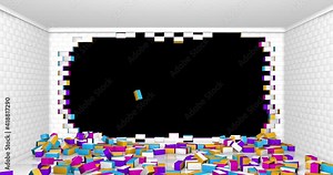 Wall explodes, scattering colored bricks across the floor of room with white brick walls. Camera approaches the hole until the screen is empty. Transition effect. Includes alpha channel. 3d animation