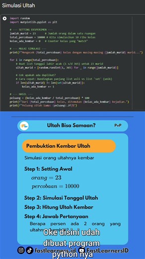 Simulasi kemungkinan dua orang di ruangan ultahnya sama #fastlearners #samasamapaham #pvp #python #ultah