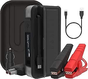 Type S Dynamic Plus DP10C Car Jump Starter Portable – UL Listed 12V 8000mAh for 6L Gas/3L Diesel, Built-in USB-C + Qi Charging, Multi-Language LCD, Emergency Hazard Lights (Black, USB-C)