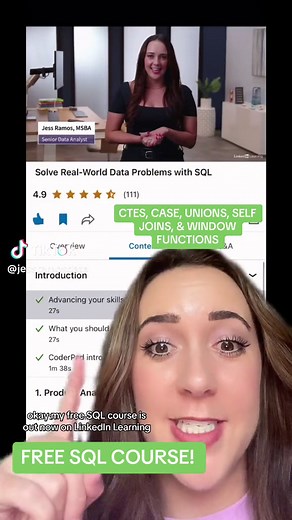 Free SQL course on Linkedin Learning that teaches you CTEs, CASE, UNION, Self Join, Window Functions, and how to solve business problems!!! And it has a 4.9 star review and 5k learners in less than 2 weeks🤩 link in bio #learnsql #freesqlcourse #dataanalyticscertificate #sqlcourse #howtobecomeadataanalyst