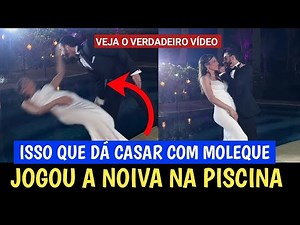 Groom throws bride into pool.