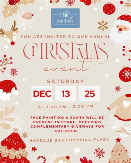 Christmas time is finally here and we are excited to invite you to our annual Christmas Event!!! Bring your kids out for a fun time to get their face painted to also meet Santa!!!! We're so excited to see you there. Only at the Sandbox!!!! Don't forget to Like and Share it with your family and friends as well!!!! #kidsapparelstore #kidsapparel #christmas2025 #christmastime #christmasevent | Sandbox