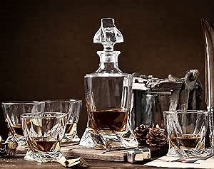 Whiskey Gifts for Men, Whiskey Decanter Set with 4 Glasses in Gift Box by Verolux | Elegant Twisted Design with Glass Stopper - Liquor, Bourbon, Brandy, Gin, Rum, Tequila, Vodka, Cognac