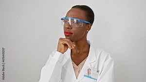 Puzzled african american woman in scientist uniform, finger on chin, immersed in thought, looking up in wonder on isolated white background