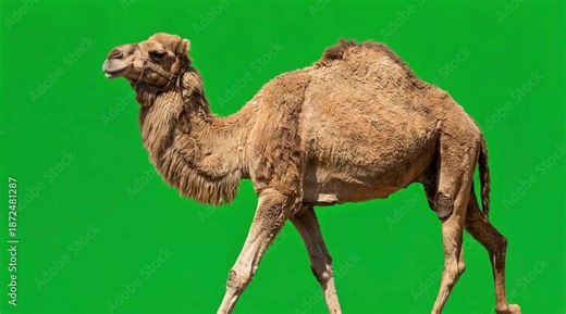 Full body dromedary camel walking profile shot, isolated against a chroma key green screen for easy background removal and compositing.
