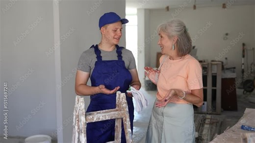Mature woman owner of the apartment shows a fifteen-year-old worker, a house repair plan on paper, pointing him to something. High quality 4k footage